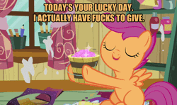 Size: 600x356 | Tagged: animated, bucket, clubhouse, crusaders clubhouse, derpibooru import, edit, edited screencap, glitter, hearts and hooves day, hearts and hooves day (episode), image macro, no fucks, orange text, safe, scootaloo, screencap, solo, vulgar