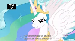 Size: 851x472 | Tagged: bedroom eyes, caption, derpibooru import, edit, edited screencap, hub logo, keep calm and flutter on, princess celestia, safe, screencap, tv rating, youtube caption