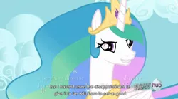 Size: 846x471 | Tagged: bedroom eyes, caption, derpibooru import, edit, edited screencap, hub logo, keep calm and flutter on, princess celestia, safe, screencap, youtube caption