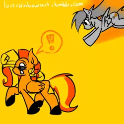 Size: 500x500 | Tagged: safe, artist:loverainbow, derpibooru import, oc, oc:meteor, oc:solar flair, unofficial characters only, pegasus, pony, 30 minute art challenge, exclamation point, female, mare, pounce, sunglasses