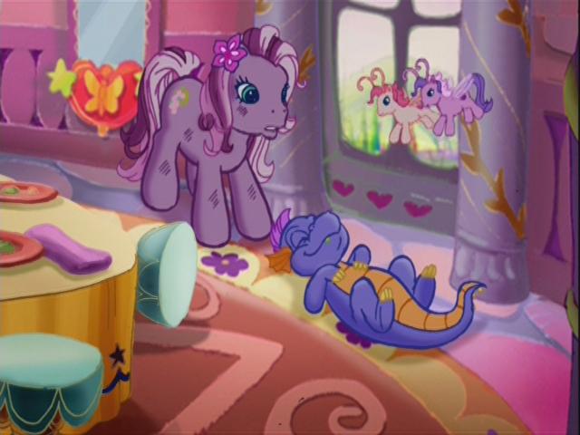 Size: 640x480 | Tagged: breezie, derpibooru import, g3, master kenbroath gilspotten heathspike, nap, safe, sleeping, spike, table, the princess promenade, tiddlywink, tra-la-la, wysteria