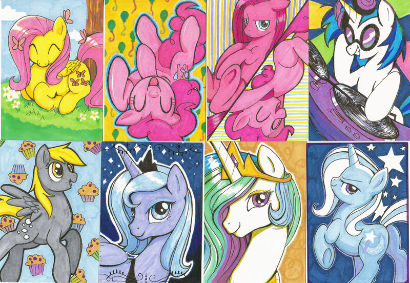 Size: 1024x707 | Tagged: safe, artist:mmmenagerie, derpibooru import, derpy hooves, fluttershy, pinkie pie, princess celestia, princess luna, trixie, vinyl scratch, butterfly, pegasus, pony, female, happy, mare, muffin, pinkamena diane pie, plot, smiling, traditional art