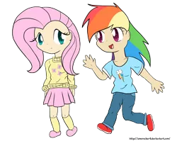 Size: 2176x1728 | Tagged: safe, artist:leslers, derpibooru import, fluttershy, rainbow dash, clothes, female, flutterdash, humanized, lesbian, shipping, skirt