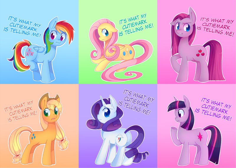 Size: 900x640 | Tagged: applejack, artist:pekou, derpibooru import, fluttershy, magical mystery cure, pinkamena diane pie, pinkie pie, rainbow dash, rarity, safe, swapped cutie marks, twilight sparkle, what my cutie mark is telling me