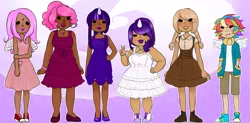 Size: 2763x1355 | Tagged: applejack, artist:pegasisteramelie, clothes, converse, derpibooru import, dress, fat, fluttershy, horned humanization, humanized, pinkie pie, rainbow dash, rarity, safe, shoes, twilight sparkle, winged humanization