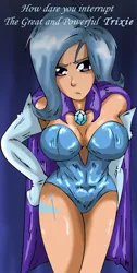 Size: 1568x3113 | Tagged: artist:alcasar-reich, breasts, busty trixie, cleavage, clothes, derpibooru import, evening gloves, female, human, humanized, leotard, magician outfit, sexy, solo, solo female, suggestive, trixie