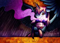 Size: 1700x1214 | Tagged: safe, artist:whitestar1802, derpibooru import, twilight sparkle, oc, oc:harmony star, unofficial characters only, alicorn, pony, alicorn oc, canon x oc, crying, female, glowing horn, horn, male, mare, rain, shipping, stallion, straight, translated in the description, twimony