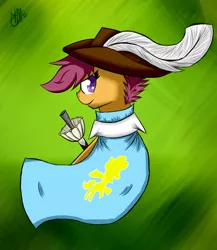 Size: 1000x1150 | Tagged: artist:suplolnope, cape, clothes, derpibooru import, hat, looking back, musketeer, plume, rapier, safe, scootaloo, solo, sword, weapon