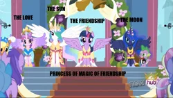 Size: 1021x574 | Tagged: safe, derpibooru import, edit, edited screencap, screencap, amethyst star, applejack, linky, princess cadance, princess celestia, princess luna, shoeshine, spike, twilight sparkle, twilight sparkle (alicorn), alicorn, pony, magical mystery cure, big crown thingy, clothes, coronation dress, crown, dress, element of magic, explanation, hub logo, jewelry, regalia, theory