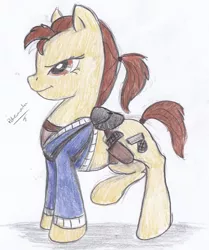 Size: 1485x1773 | Tagged: artist:pokemonka225dw, derpibooru import, gun, lara croft, ponified, ponytail, safe, tomb raider