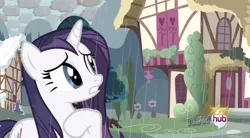 Size: 850x470 | Tagged: safe, derpibooru import, screencap, rarity, pony, unicorn, magical mystery cure, checkered clouds, female, hub logo, mare, rain, solo, wet, wet mane, wet mane rarity