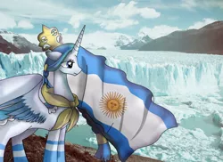 Size: 1048x762 | Tagged: safe, artist:pridark, derpibooru import, oc, oc:princess argenta, ponified, alicorn, pony, argentina, flag, glaciar perito moreno, nation ponies