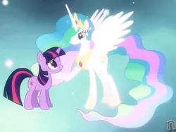 Size: 828x619 | Tagged: safe, derpibooru import, screencap, princess celestia, twilight sparkle, alicorn, pony, unicorn, magical mystery cure, cropped, duo, ethereal mane, female, frown, glow, mare, princess celestia's special princess making dimension, smiling, spread wings, unicorn twilight, worried