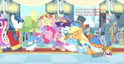 Size: 1304x680 | Tagged: safe, derpibooru import, applejack, bruce mane, fine line, fluttershy, goldengrape, lightning bolt, lyra heartstrings, masquerade, maxie, perfect pace, pinkie pie, princess cadance, rainbow dash, rarity, shining armor, sir colton vines iii, sunshower raindrops, twilight sparkle, twilight sparkle (alicorn), white lightning, pegasus, pony, magical mystery cure, background pony, caption, dat butt, female, mane six, mare, meme, ponies standing next to each other, race swap, the ass was fat, the master, vulgar, where is your god now?
