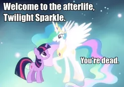 Size: 872x611 | Tagged: safe, derpibooru import, edit, edited screencap, screencap, princess celestia, twilight sparkle, alicorn, pony, unicorn, magical mystery cure, afterlife, duo, ethereal mane, female, image macro, mare, princess celestia's special princess making dimension, q, reference, star trek, star trek: the next generation, unicorn twilight, void, welcome to the afterlife