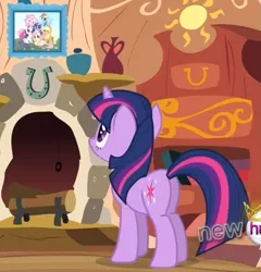 Size: 817x852 | Tagged: safe, derpibooru import, screencap, applejack, fluttershy, pinkie pie, rainbow dash, rarity, twilight sparkle, pony, unicorn, magical mystery cure, butt, fireplace, image, mane six, photo, picture, plot, png, twibutt, unicorn twilight