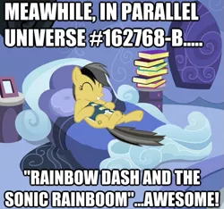 Size: 625x586 | Tagged: safe, derpibooru import, edit, edited screencap, screencap, daring do, pony, read it and weep, alternate universe, bed, book, caption, cropped, eyes closed, female, hilarious in hindsight, image macro, implied rainbow dash, mare, meme, parallel universe, role reversal, solo