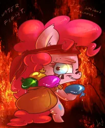 Size: 820x1000 | Tagged: 30 minute art challenge, artist:atryl, balloon, bipedal, colored eyelashes, fire, headband, looking back, markings, pinkie pie, run, sack, safe, solo, sweat, water balloon