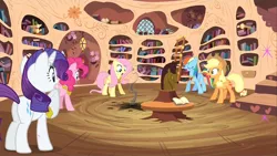 Size: 1280x720 | Tagged: safe, derpibooru import, screencap, applejack, fluttershy, pinkie pie, rainbow dash, rarity, earth pony, pegasus, pony, unicorn, magical mystery cure, bookshelf, element of honesty, element of kindness, element of loyalty, elements of harmony, female, golden oaks library, horsehead centerpiece, ladder, library, mare, scorch mark, smoke, surprised