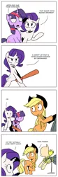 Size: 800x2400 | Tagged: safe, artist:karzahnii, derpibooru import, applejack, rarity, twilight sparkle, unicorn, magical mystery cure, baseball bat, clothes, comic, dress, mannequin, swapped cutie marks, unicorn twilight