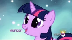 Size: 852x475 | Tagged: safe, derpibooru import, edit, edited screencap, screencap, twilight sparkle, unicorn, magical mystery cure, image macro, murder, one word, open mouth, smiling, solo, unicorn twilight