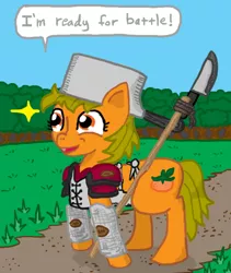 Size: 576x684 | Tagged: armor, artist:ficficponyfic, derpibooru import, knife, lance, mock war day, oc, orange, orange zest, pan, safe, unofficial characters only