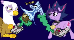 Size: 936x504 | Tagged: safe, artist:ficficponyfic, derpibooru import, gilda, twilight sparkle, gryphon, alternate hairstyle, blue-eyes white dragon, card, cosplay, crossover, mock war day, yu-gi-oh!