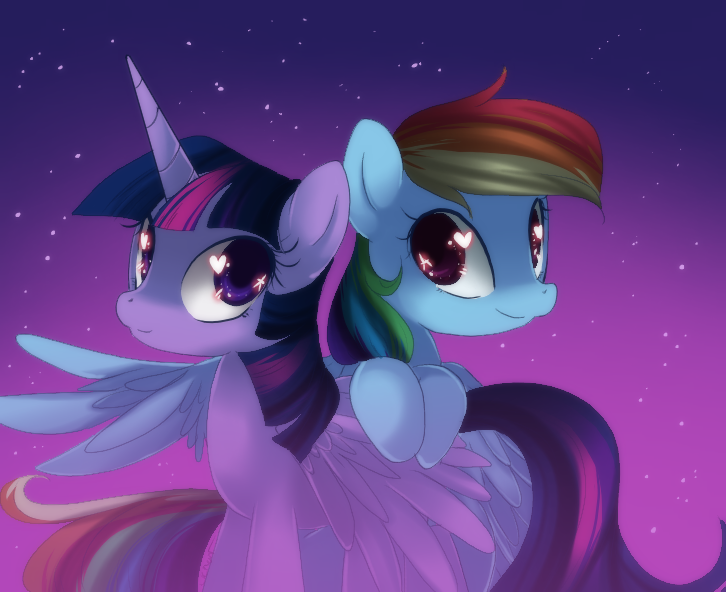 Size: 726x592 | Tagged: dead source, safe, artist:loyaldis, derpibooru import, rainbow dash, twilight sparkle, twilight sparkle (alicorn), alicorn, pegasus, pony, magical mystery cure, female, heart eyes, mare, twidash, wingding eyes