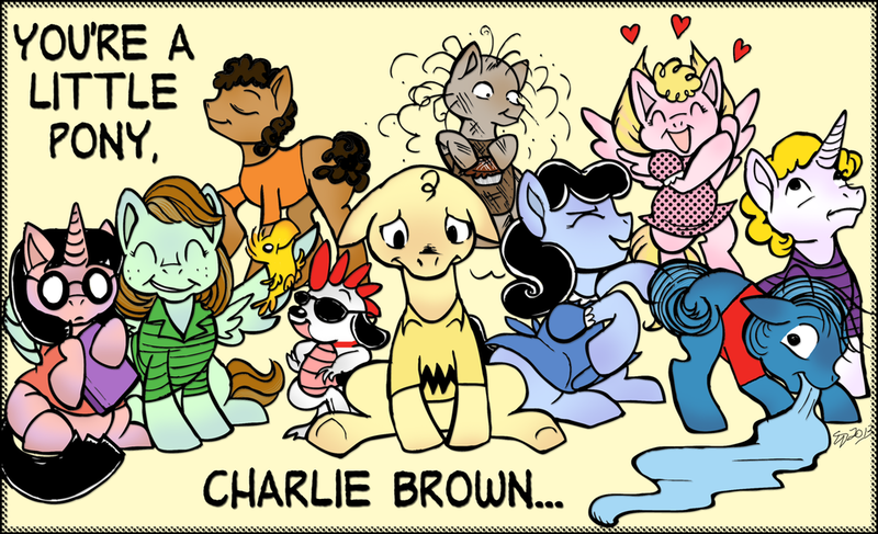 Size: 1024x623 | Tagged: artist:opallene, charlie brown, crossover, derpibooru import, dragonified, franklin, hilarious in hindsight, joe cool, linus van pelt, lucy van pelt, marcie, peanuts, peppermint patty, pig pen (peanuts), ponified, safe, sally brown, schroeder, snoopy, woodstock (peanuts)