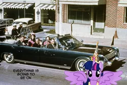 Size: 500x335 | Tagged: safe, derpibooru import, twilight sparkle, twilight sparkle (alicorn), human, pony, american presidents, assassination, caption, car, disaster, everything is going to be ok, image macro, irl, irl human, jackie kennedy, jfk assassination, john connally, john f. kennedy, limousine, lincoln continental, nellie connally, photo, ponies in real life, roy kellerman, text, we are going to hell