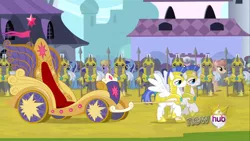 Size: 1440x810 | Tagged: safe, derpibooru import, amberlocks, cloud kicker, lightning bolt, lyra heartstrings, minuette, rook ramparts, twinkleshine, white lightning, crystal pony, pegasus, pony, magical mystery cure, canterlot, carriage, exploitable, exploitable meme, female, hub logo, mare, meme, royal guard, spear, twimobile