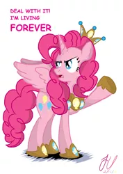 Size: 1024x1448 | Tagged: safe, artist:teammagix, derpibooru import, pinkie pie, alicorn, pony, alicornified, annoyed, deal with it, forever, immortality, pinkiecorn, race swap, xk-class end-of-the-world scenario