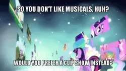 Size: 854x480 | Tagged: caption, clip show, derpibooru import, magical mystery cure, musical, princess celestia, safe, twilight sparkle