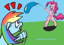 Size: 1000x707 | Tagged: safe, artist:draneas, derpibooru import, pinkie pie, rainbow dash, pony, 30 minute art challenge, bipedal, partillery, water balloon