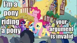 Size: 638x354 | Tagged: safe, derpibooru import, edit, edited screencap, screencap, amethyst star, applejack, berry punch, berryshine, carrot top, cherry berry, cloud kicker, comet tail, derpy hooves, doctor whooves, fluttershy, golden harvest, linky, lucky clover, pinkie pie, pokey pierce, rainbow dash, shoeshine, spring melody, sprinkle medley, time turner, twilight sparkle, pegasus, pony, a friend in deed, argument, caption, confetti, female, image macro, mare, parade, ponies riding ponies, ponyville, riding, smile song, your argument is invalid