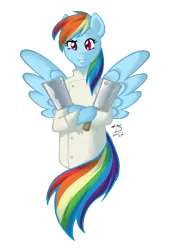 Size: 579x836 | Tagged: safe, artist:athousandknives, derpibooru import, rainbow dash, pegasus, pony, chef, cleaver, clothes, costume, knife, solo, tattoo