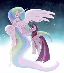 Size: 600x685 | Tagged: dead source, safe, artist:rollingrabbit, derpibooru import, princess celestia, twilight sparkle, alicorn, pony, unicorn, magical mystery cure, ascension, duo, ethereal mane, female, mare, princess celestia's special princess making dimension, scene interpretation, unicorn twilight, void, wings