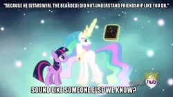 Size: 854x480 | Tagged: safe, derpibooru import, edit, edited screencap, screencap, princess celestia, star swirl the bearded, twilight sparkle, alicorn, pony, unicorn, magical mystery cure, all new, ascension, book, caption, discord is star swirl, duo, ethereal mane, female, hub logo, image macro, magic, mare, princess celestia's special princess making dimension, quote, telekinesis, text, unicorn twilight, void