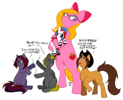 Size: 918x750 | Tagged: safe, artist:athousandknives, derpibooru import, oc, oc:blackberry tart, oc:charmer, oc:cynical pink, oc:death metal, oc:varsel, unofficial characters only, earth pony, pegasus, pony, unicorn, zebracorn, family, fight, glasses, hat, mom, mother's day, swag