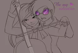Size: 1300x886 | Tagged: safe, artist:kare-valgon, derpibooru import, octavia melody, vinyl scratch, human, blushing, cello, clothes, female, humanized, lesbian, musical instrument, scratchtavia, shipping, sunglasses