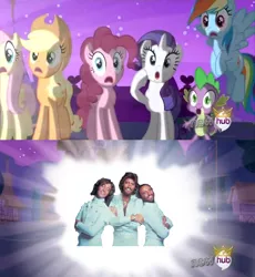 Size: 638x693 | Tagged: alicorn flash, applejack, barry gibb, bee gees, derpibooru import, exploitable meme, fluttershy, hub logo, maurice gibb, meme, pinkie pie, rainbow dash, rarity, robin gibb, safe, spike