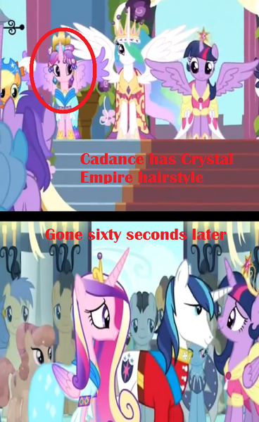 Size: 536x873 | Tagged: alicorn, amethyst star, animation error, applejack, big crown thingy, bruce mane, cherry cola, cherry fizzy, clothes, coronation dress, derpibooru import, dress, eclair créme, edit, edited screencap, element of magic, error, goldengrape, jewelry, linky, magical mystery cure, perfect pace, princess cadance, princess celestia, princess coronation, princess luna, regalia, safe, screencap, shining armor, shoeshine, sir colton vines iii, sunshower raindrops, text, twilight sparkle, twilight sparkle (alicorn)