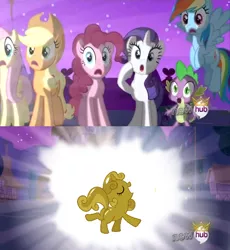 Size: 552x600 | Tagged: alicorn flash, applejack, derpibooru import, exploitable meme, fluttershy, hub logo, luster dust, meme, pinkie pie, rainbow dash, rarity, safe, spike, sweetie belle, sweetie gold