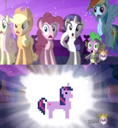 Size: 638x693 | Tagged: 8-bit, adventure ponies, alicorn flash, anticlimactic, applejack, derpibooru import, exploitable meme, fluttershy, funny, hub logo, magical mystery cure, meme, pixel art, rainbow dash, rarity, safe, spike, twilight sparkle