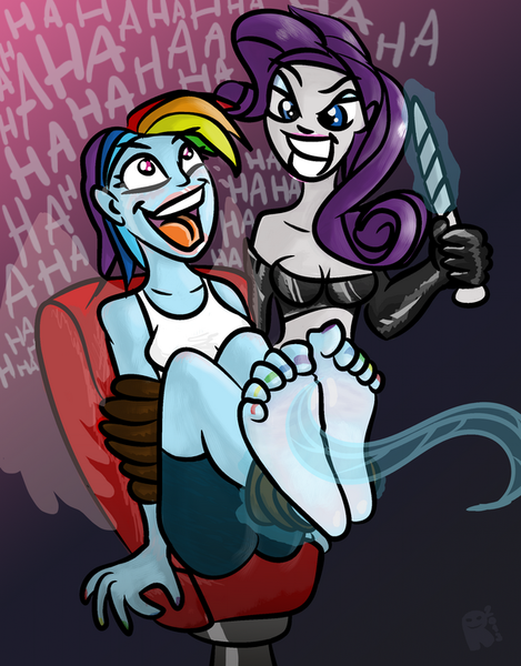 Size: 604x772 | Tagged: artist:rgevskiy, barefoot, bdsm, bondage, breasts, derpibooru import, feather, feet, foot fetish, horn wand, human, humanized, latex, pony coloring, questionable, rainbow dash, rarity, rope, tickle torture, tickling, wand