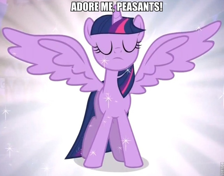 Size: 829x649 | Tagged: safe, derpibooru import, twilight sparkle, twilight sparkle (alicorn), alicorn, pony, magical mystery cure, caption, female, image macro, mare, meme, smug, smuglight sparkle, solo, tyrant sparkle