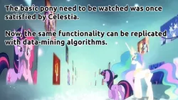 Size: 1920x1080 | Tagged: safe, derpibooru import, edit, edited screencap, screencap, pinkie pie, princess celestia, twilight sparkle, alicorn, pony, unicorn, magical mystery cure, deus ex, duo, ethereal mane, female, mare, princess celestia's special princess making dimension, quote, unicorn twilight, void