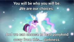 Size: 1920x1080 | Tagged: safe, derpibooru import, edit, edited screencap, screencap, princess celestia, twilight sparkle, alicorn, pony, unicorn, magical mystery cure, deus ex, duo, ethereal mane, female, heartwarming, mare, princess celestia's special princess making dimension, quote, unicorn twilight, void, wallpaper