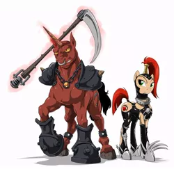 Size: 1000x971 | Tagged: artist:doomy, dark mistress, dungeon keeper, dungeon keeper 2, duo, horned reaper, ponified, safe, scythe