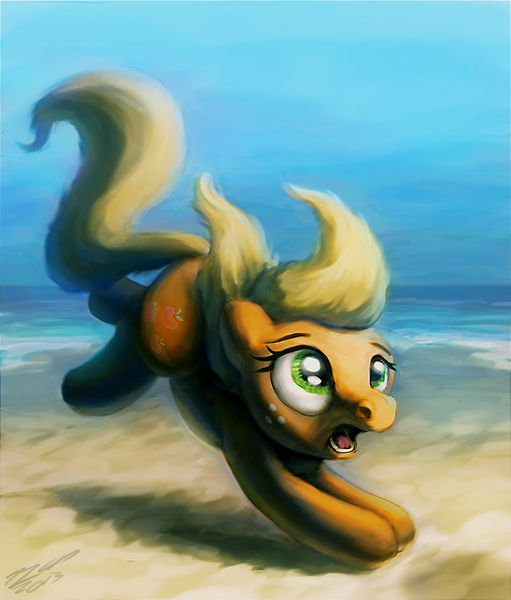 Size: 966x1134 | Tagged: safe, artist:assasinmonkey, derpibooru import, applejack, earth pony, pony, beach, female, loose hair, mare, solo, volleyball